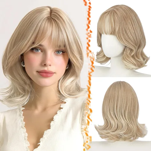 Vista 9 de BARSDAR Synthetic Short Layered Brown Highlights Bob Wig with Wispy Bangs Balayage Blonde Highlights