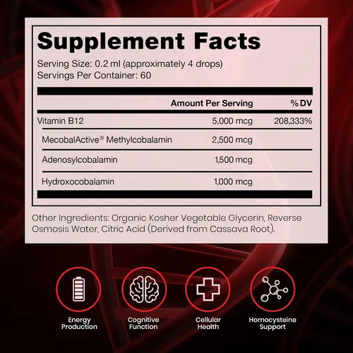 Vista 2 de Pure TheraPro BioActive Vegan Metilada Vitamina B12 Sublingual Líquida Metilcobalamina, Hidrocobalamina y Adenosilcobalamina 1,000 mcg por gota