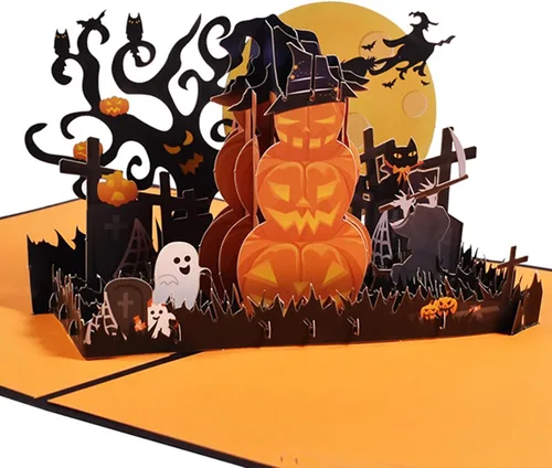 Vista 5 de Tarjetas de felicitación 3D – Tarjetas de castillo de Halloween, tarjeta de felicitación de Halloween desplegable 3D – Truco o trato, fantasma