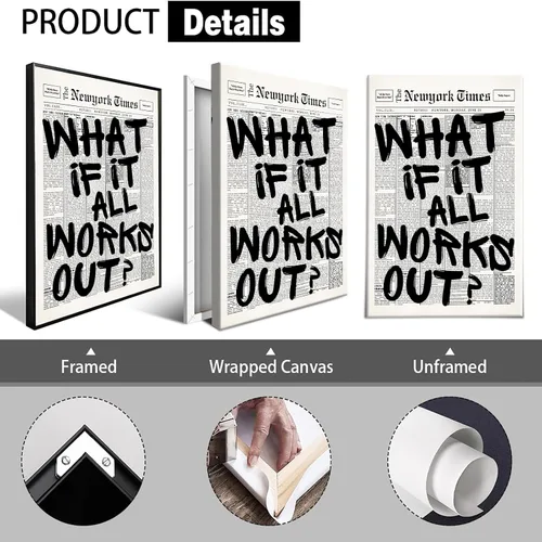 Vista 2 de Arte de pared de periódico en blanco y negro ¿Y si todo sale bien? Pósteres en lienzo Frases positivas afirmativas inspiradoras Pintura para sala