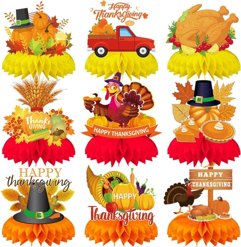 Vista 13 de Centro de mesa de Acción de Gracias, 9 piezas, decoración de mesa de otoño, calabaza, pavo, panal, Acción de Gracias, centro de mesa para decoración