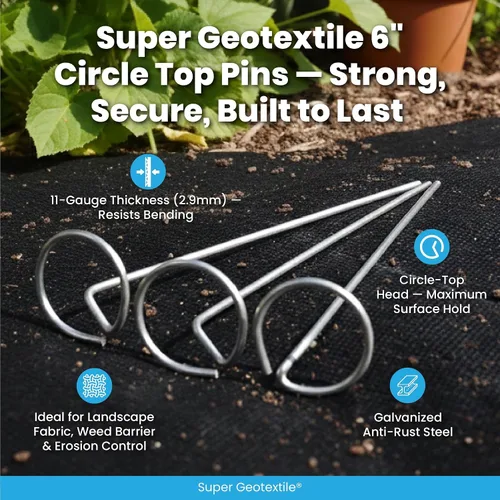 Vista 2 de Super Geotextile Alfileres redondos para paisajismo – Estacas de acero galvanizado resistentes de calibre 11 de 6 pulgadas para tela de paisaje