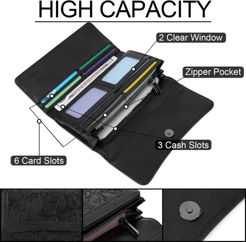 Vista 36 de MEITRUE Cartera de cuero para mujer, con bloqueo RFID, triple pliegue, con relieve, soporte para tarjetas, organizador de chequera para teléfono