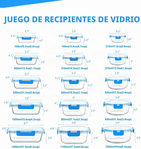Vista 2 de Juego de 30 recipientes de vidrio para almacenar y preparar alimentos, con tapas de cierre a presión, herméticos, libres de bisfenol A y aptos