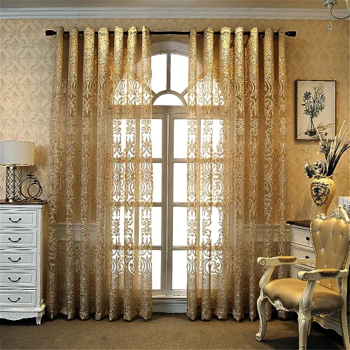 Vista 3 de Gxi Paneles de cortinas transparentes de jacquard marrón con ojales, 2 paneles para sala de estar, puerta corredera, cortina de gasa de tul europeo