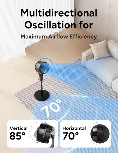 Vista 3 de JRD Ventilador para dormitorio, ventilador oscilante de 70°, ventiladores de pedestal silencioso de 100 pies para oficina en casa, vertical manual