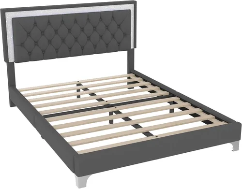 Vista 7 de Merax Cama de plataforma tapizada, tamaño Queen, tela de terciopelo LED, marco de cama de madera con luces LED y cabecera copetuda para dormitorio