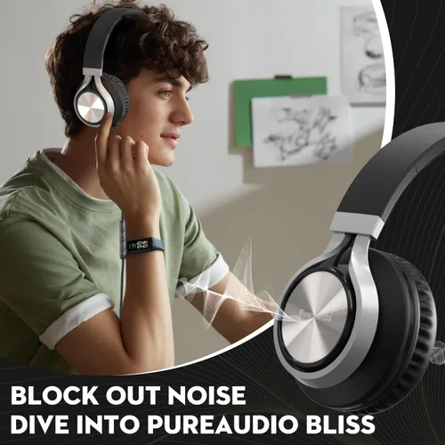 Vista 2 de Bywulanda - Auriculares con cable con micrófono y control de volumen, auriculares de diadema con cable, ligeros, plegables, con cable, estéreo