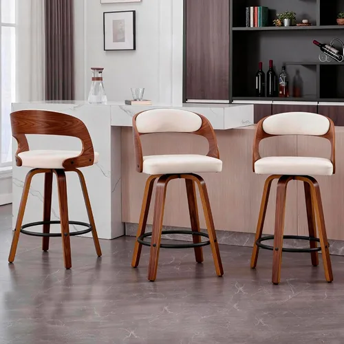 Vista 10 de VipDesk Taburetes de bar giratorios, Taburetes de bar de altura de mostrador de nogal con respaldo y brazos, Taburetes de bar tapizados modernos
