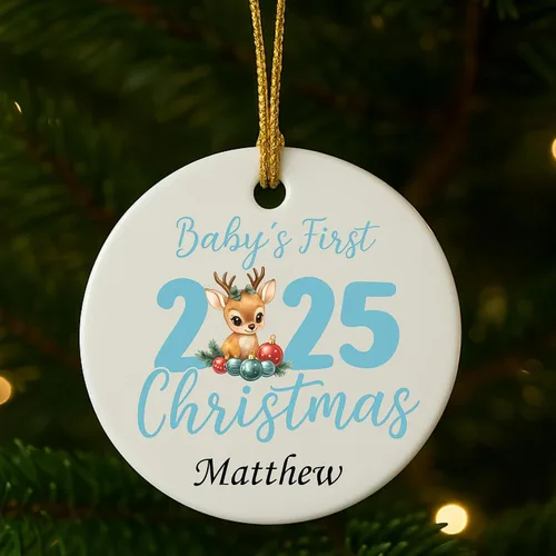 Vista 3 de Adorno personalizado para la primera Navidad del bebé 2025, recuerdo redondo de cerámica con nombre personalizado, decoración de árbol de Navidad