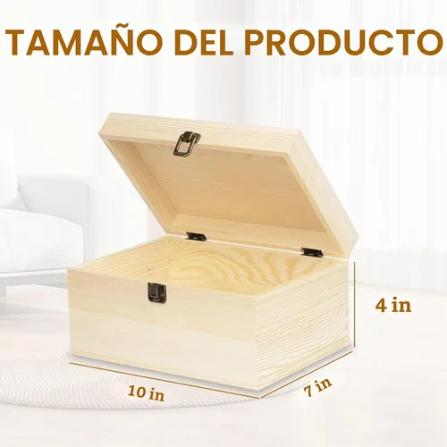 Vista 2 de Paquete de 2 cajas de madera sin terminar, caja grande de madera con tapa con bisagras, cierres frontales, cajas de madera natural
