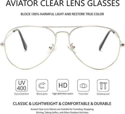 Vista 4 de Gafas de aviador clásicas para mujeres y hombres, marco de metal retro, lentes transparentes sin receta, 2.283 in