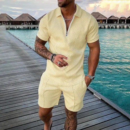 Vista 2 de Men's 2 Piece Outfit Lightweight Classic-Fit Short Sleeve Graphic Tees Drawstring Shorts Breathable Sportswear