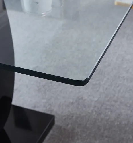 Vista 7 de Mesa de comedor rectangular moderna de vidrio, mesa de cocina de vidrio con parte superior de vidrio templado transparente y pedestal de base doble