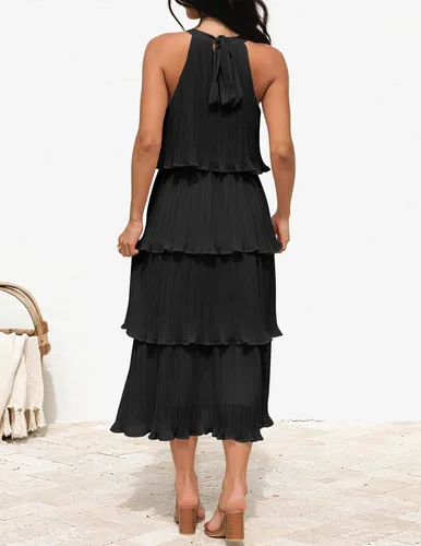 Vista 4 de Zesica Vestido de verano sin mangas, con cuello halter y volantes escalonados, de gasa, con vuelo, largo por debajo de la rodilla