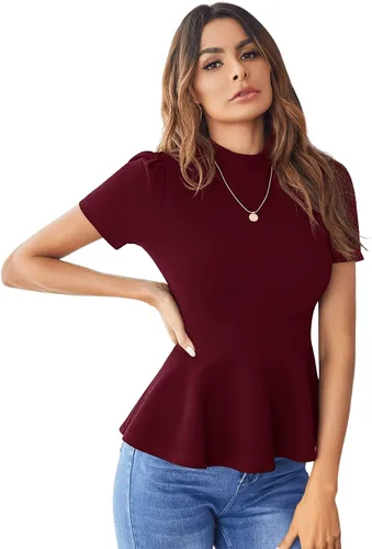 Vista 3 de SweatyRocks Elegante blusa de manga corta con cuello alto y péplum elástica para mujer