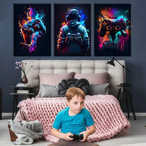 Vista 6 de 3 piezas de arte de pared de videojuegos geniales retro acuarela pósters cuadros coloridos neón gamepad lienzo pintura impresiones para habitación