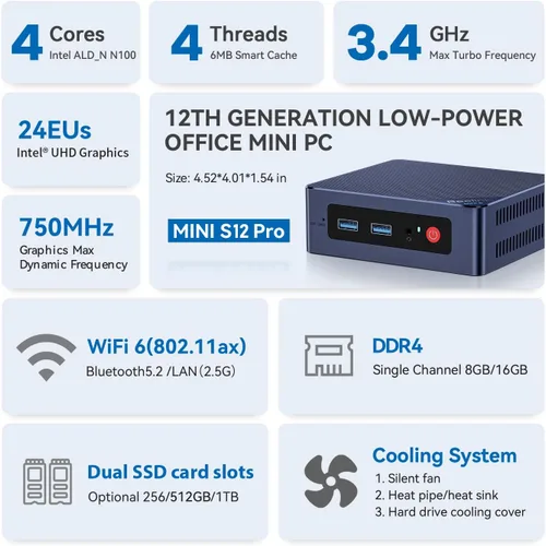 Vista 3 de Beelink MINI S12 PRO Mini PC, Intel Alder Lake N100 16GB RAM 512GB SSD