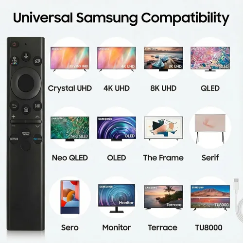 Vista 4 de para Samsung TV Remote BN59-01385A, compatible con Samsung Smart TV 2019-2025, control remoto de voz de carga solar, USB-C recargable