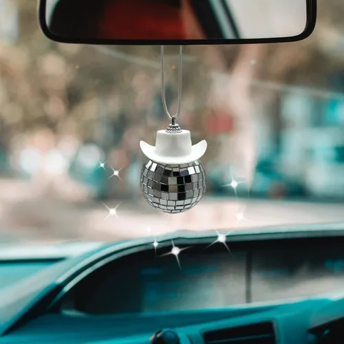 Vista 11 de Accesorio de Coche con Bola de Discoteca y Sombrero de Vaquero Negro, Adorno de Espejo, Accesorios Interiores