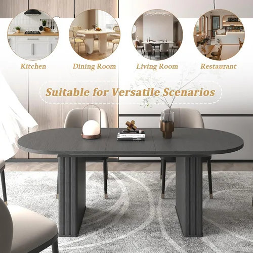 Vista 6 de Mesa de comedor extensible ovalada de 62.99 a 78.7 pulgadas para 6, 8 y 10, moderna mesa expandible de cocina de madera de granja, mesas de Negro