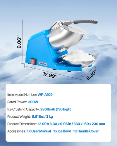 Vista 7 de VEVOR Máquina Trituradora de Hielo, 286 libras por hora, Fabricadora Eléctrica de Conos de Nieve de 4 Cuchillas, Máquina de Hielo Raspado de Acero