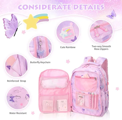 Vista 5 de Mochilas para niñas, escuela, lindas mochilas para niños, con lonchera aislada, juego para la escuela primaria, púrpura (Butterfly Purple), Urbano