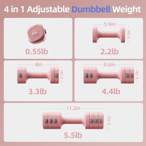Vista 3 de Lightweight Adjustable Dumbbell Kettlebell Set - 4 in 1 Free Weight Set with Kettlebell Grip Converter, Each 2.2 3.3 4.4 5.5lb Quick Change