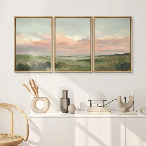 Vista 171 de SIGNWIN Lienzo enmarcado para pared, juego de arte pastel con cadena montañosa, bosque, niebla, naturaleza silvestre, ilustraciones modernas, arte