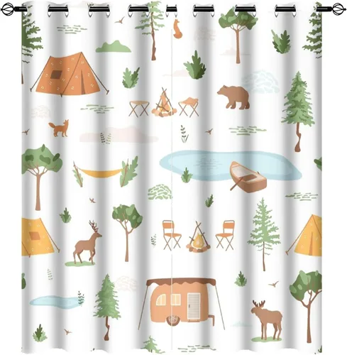 Vista 22 de Cortinas abstractas con estampado de cámper de caricaturas, divertido tema de aventura, campamento, montañas, vida silvestre, oso, tratamiento