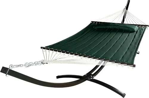 Vista 6 de Soporte de hamaca de arco de acero negro resistente para interiores y exteriores de 15 pies con hamaca acolchada de primera calidad (beige)