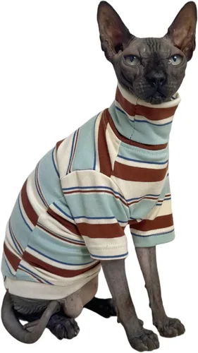 Vista 8 de Camisa de algodón con cuello redondo para gatos sin pelo Sphynx de rayas vintage, ropa para mascotas con mangas, camisetas para gatitos para Sphynx