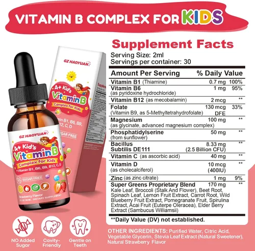 Vista 2 de Vitamin B Complex for Kids with B1, B6, B9, B12 & Magnesium, Super Greens, Kids B Complex Supplement for Brain Support, Energy & Focus, Digestive