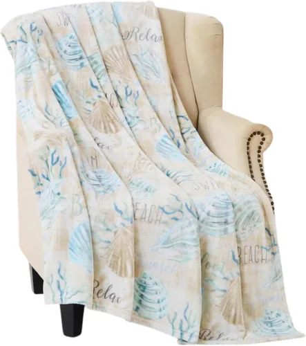 Vista 7 de Manta Decorativa para Decoración del Hogar Vida Oceánica Costera: Suave Felpa de Terciopelo Polar Tonos Calmantes de Azules, Verdes, Beige sobre