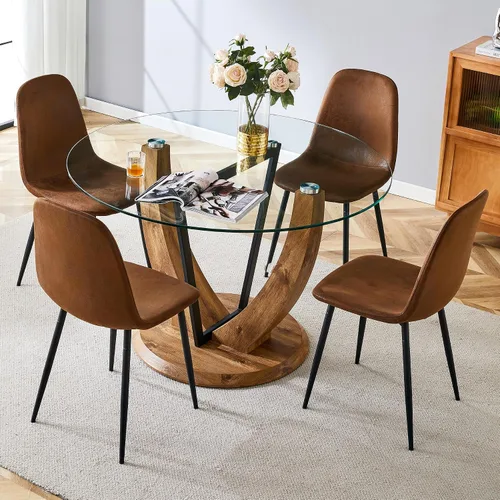Vista 16 de Juego de mesa redonda de cristal de 5 piezas para 4, mesa de comedor moderna de 48 pulgadas con base de grano de madera, sillas tapizadas de gamuza