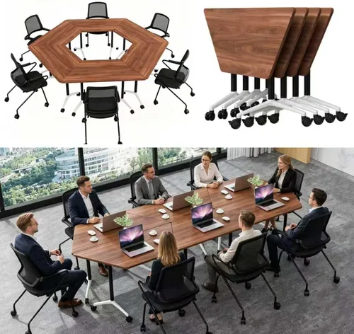 Vista 21 de Mesas de sala de conferencias, mesa de conferencias plegable con ruedas silenciosas, mesa trapezoidal de 47.2 pulgadas, mesa moderna para sala