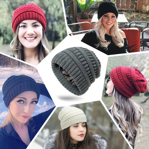 Vista 7 de Muryobao Gorro de punto cálido para mujer, de satén con forro de seda de punto, grueso y holgado