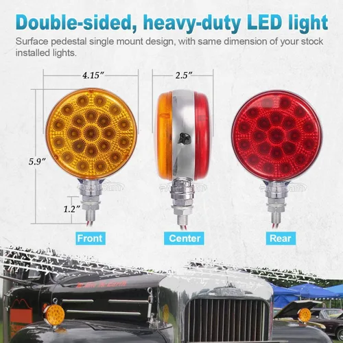 Vista 7 de Partsam Luces de pedestal LED redondas rojas y ámbar de doble cara con reflectores 42 LED impermeables, para camión, remolque, SUV, RV, soporte