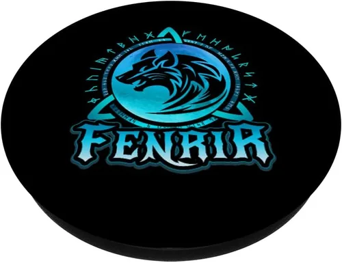 Vista 2 de Fenrir Loki's Son, lobo vikingo, luna azul con runas nórdicas PopSockets intercambiable PopGrip