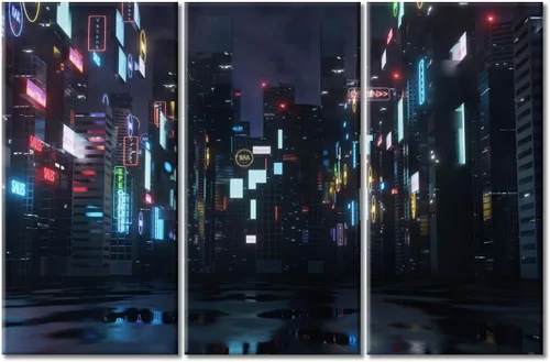 Vista 68 de Arte de pared de 3 piezas de escena de ciencia ficción de la calle comercial futurista paisaje urbano, decoración de pared para dormitorio
