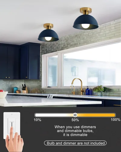 Vista 5 de Lámpara de techo industrial semiempotrada con placa dorada y pantalla azul, lámpara de techo de granja para cocina, isla, comedor, vestíbulo