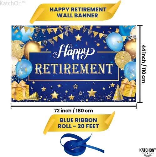 Vista 4 de KatchOn Cartel de feliz jubilación extra grande de 72 x 44 pulgadas, decoraciones azules y doradas, telón de fondo para fiesta, decoraciones
