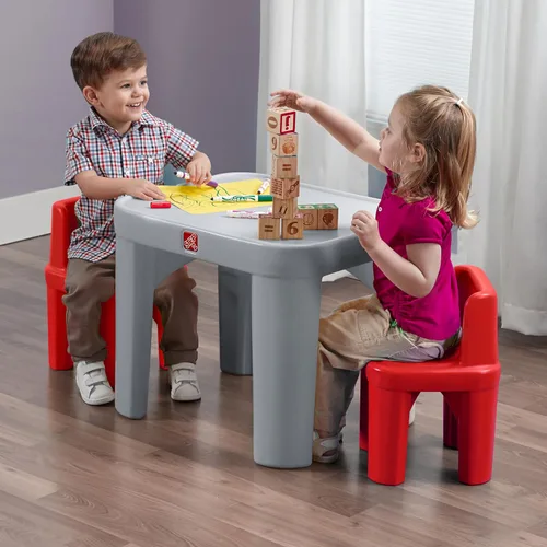 Vista 5 de Set de mesa y sillas Step2 Mighty My Size para niños, mesa de actividades de sala de juegos para manualidades, hecha de plástico duradero, para Gris