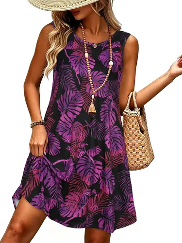 Vista 11 de elescat Vestidos de verano para mujer 2025, vestido casual de playa sin mangas con estampado floral, tipo camiseta, suelto y con bolsillos