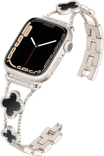 Vista 7 de wipalor Correa de trébol de cuatro hojas para Apple Watch para mujer de 42mm 41mm 40mm 38mm, correas delgadas iWatch para mujer, correas metálicas