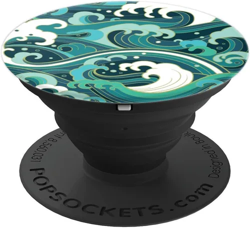 Vista 4 de Ocean Wave Surf Playa Arte Japonés Azul Verde – PopSockets Grip y soporte para teléfonos y tabletas, Negro