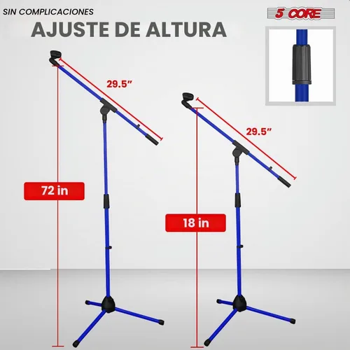 Vista 2 de 5 Core Soporte de micrófono para piso, trípode, brazo de brazo, altura ajustable, con clips de micrófono, adaptador de 3/8 a 5/8 pulgadas para Azul