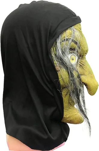 Vista 6 de Máscara de bruja de látex verde con cabello y sombrero disfraz de Halloween de terror