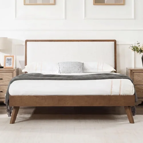 Vista 14 de JIVOIT Base de cama de plataforma de tamaño matrimonial con cabecero, cama de plataforma de madera estilo retro con patas de madera maciza Negro