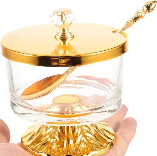 Vista 5 de Kichvoe - Recipiente de vidrio para azúcar con cuchara, recipiente para azúcar con tapa, tarro de hierro forjado para café, bar, despensa, encimera